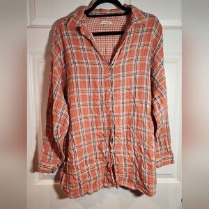 Max Studio Peach And White Plaid Button Up Oversized Shirt M